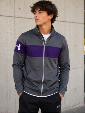 Under Armour Gray Purple Full Zip Athletic Jacket Semi-Fitted | Men’s Small